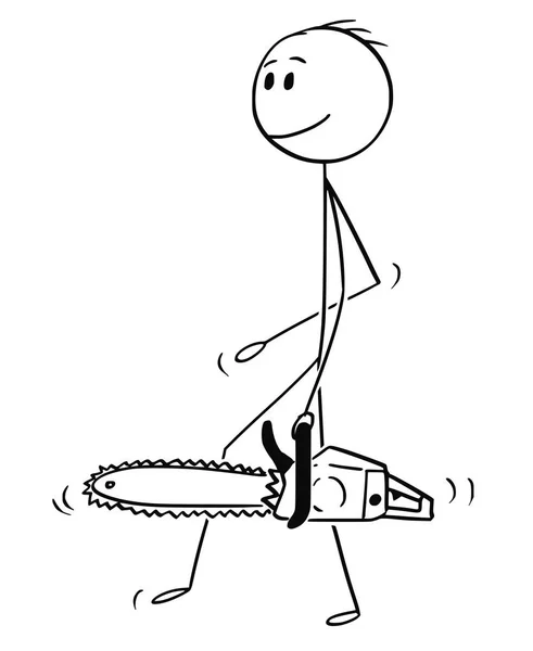 Caricatura de leñador o leñador caminando con motosierra — Vector de stock