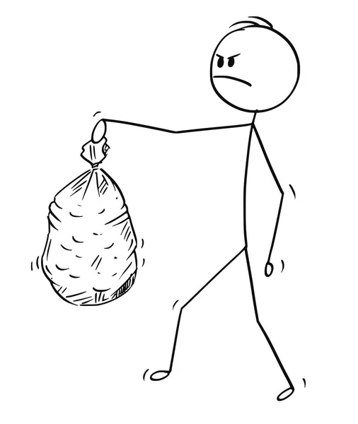 Caricatura del hombre enojado que lleva la bolsa de residuos de plástico — Vector de stock
