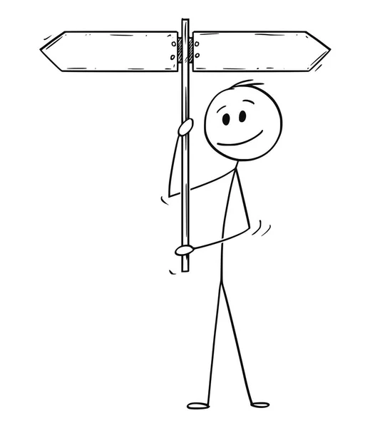 Cartoon of Man or Businessman holding Empty Arrow Signpost — стоковый вектор