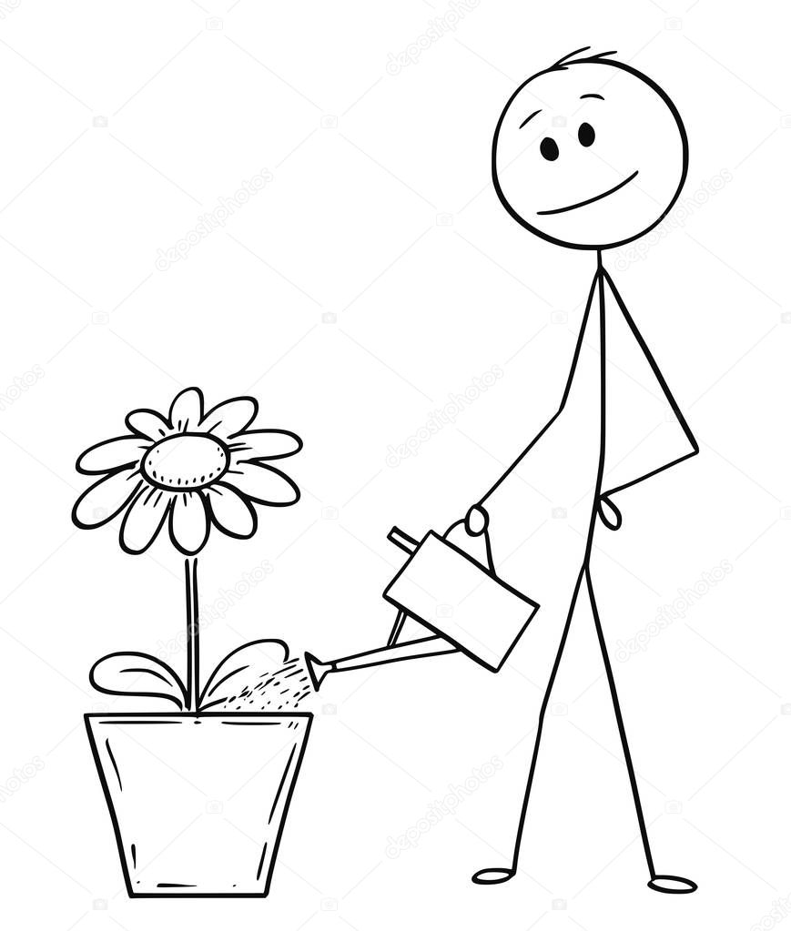 Cartoon of Man or Businessman Watering Flower or Plant in Big Pot