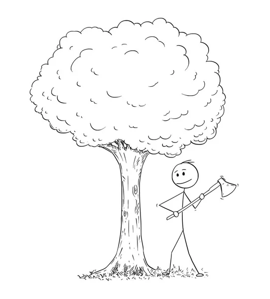 Dibujos animados del hombre o leñador con hacha cortando el árbol — Vector de stock