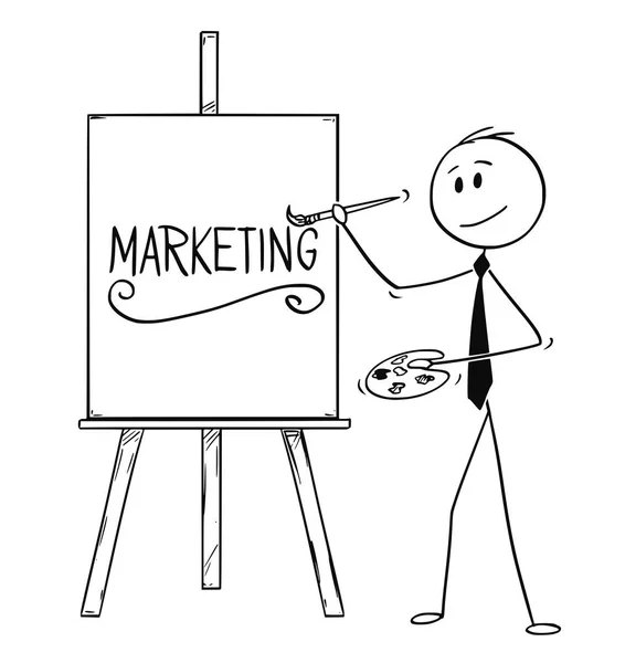 Dessin animé de l'artiste homme d'affaires tenant la brosse et la palette et écrivant le marketing de mot sur toile — Image vectorielle