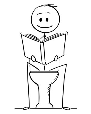 Karikatür adam tuvalette oturmuş ve bir kitap okuma