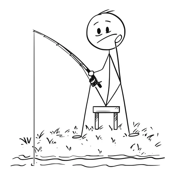 Caricatura del hombre o pescador pescando en el río o la orilla del lago — Vector de stock