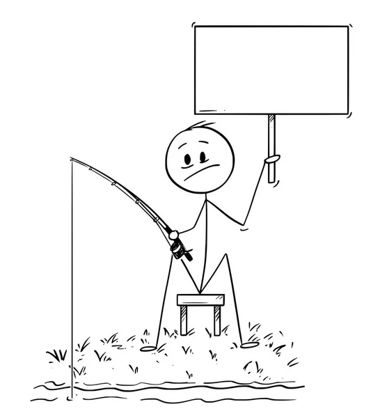 Caricatura del hombre o pescador pescando en la orilla del río o del lago y sosteniendo el cartel vacío — Vector de stock