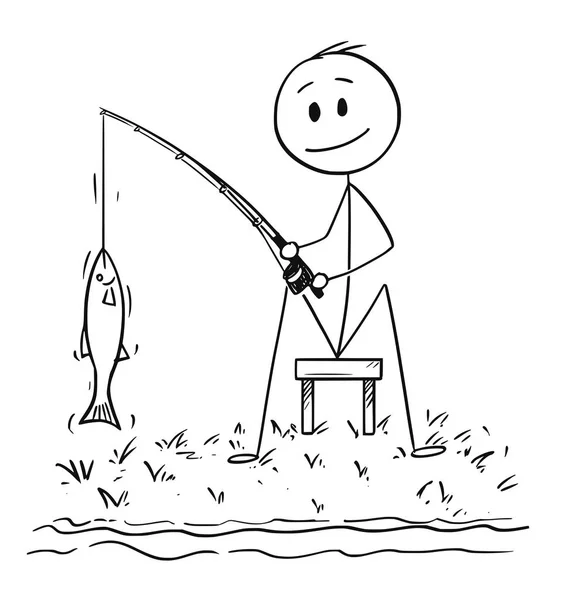 Dibujos animados del hombre o pescador pescando en el río o la orilla del lago la captura de un pez — Vector de stock