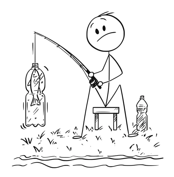 Karikatur eines Mannes oder Fischers, der am Ufer des Flusses oder Sees einen Fisch in einer Plastikflasche fängt — Stockvektor