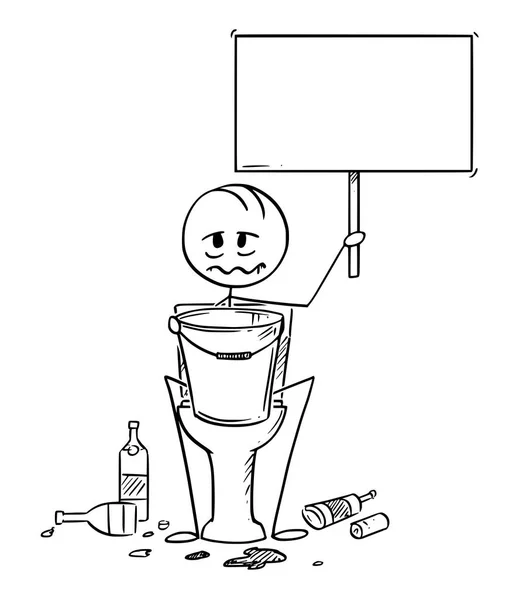 Kreslený nemocných nebo opilý muž sedí na WC s kbelík a prázdný znak v rukou — Stockový vektor