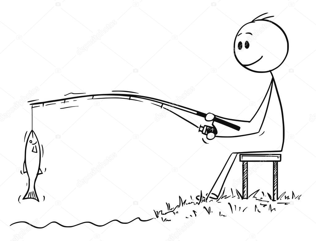 Cartoon of Man or Fisherman Fishing on the River or Lake Shore Catching a Fish