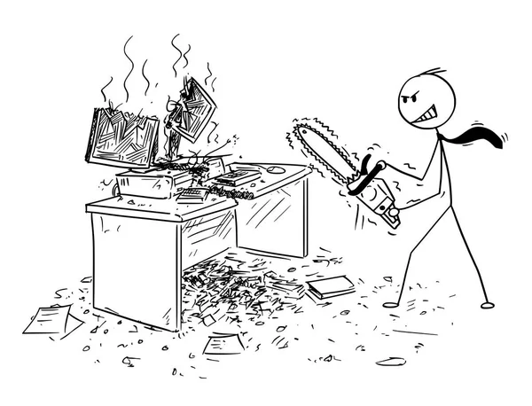 Desenhos animados de homem de negócios irritado com motosserra destruindo computador e mesa — Vetor de Stock