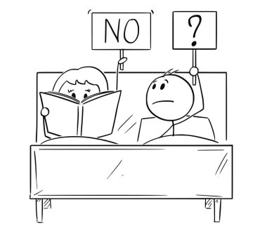 Bir kitap okuma ve Rejecting çift yatak, adam cinsel ilişki istiyor, kadın karikatür 's