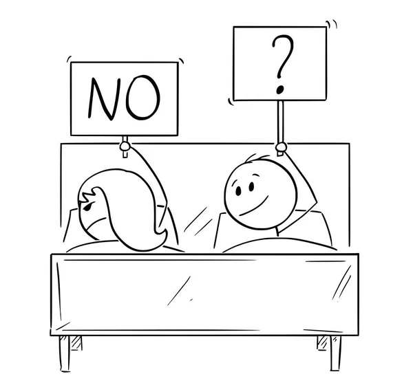 Cartoon of Couple in Bed, Man Wants Sexual Intercourse, Woman is rejecting - Stok Vektor