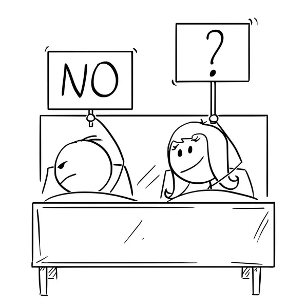 Desenhos animados do casal na cama, mulher quer relação sexual, homem está rejeitando —  Vetores de Stock