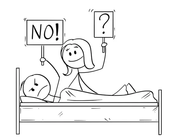 Cartoon van echtpaar in Bed, vrouw wil geslachtsgemeenschap, Man is Rejecting — Stockvector