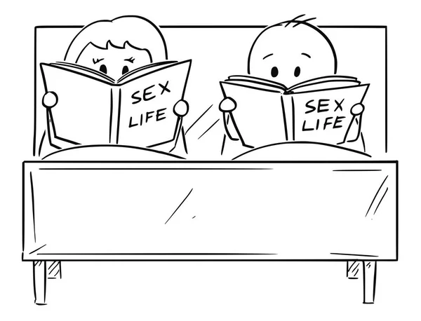 Dibujos animados de pareja en la cama, tanto el hombre como la mujer están leyendo un libro sobre la vida sexual — Archivo Imágenes Vectoriales