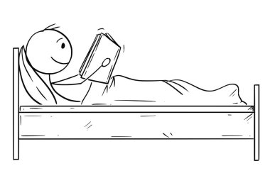 Karikatür mutlu adamın yatakta kitap okuma