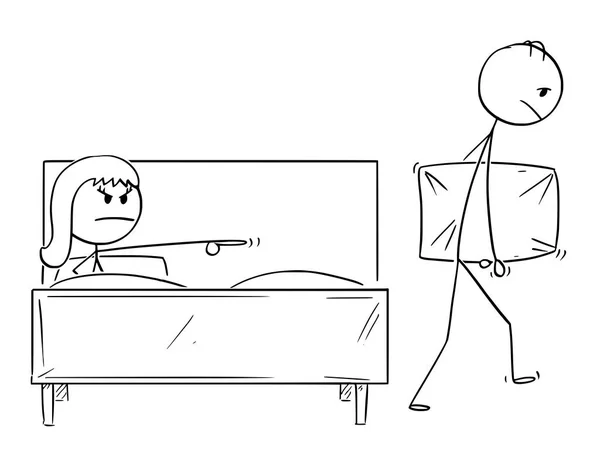 Cartone animato di uomo espulso dal letto da donna — Vettoriale Stock
