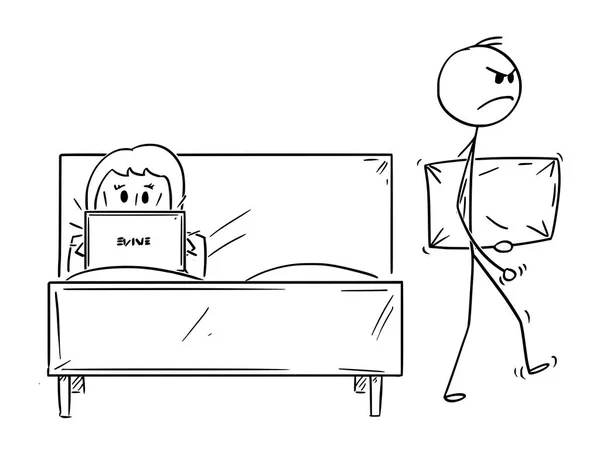 Dibujos animados de la pareja, el hombre fue rechazado por la mujer y está dejando la cama con almohada — Vector de stock
