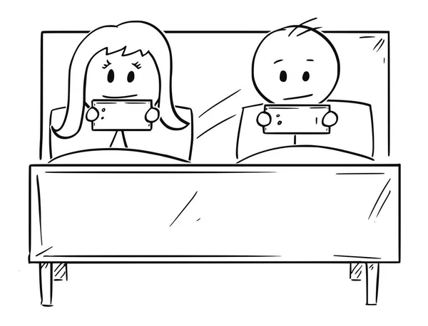 Kreslený pár v posteli, jak muž a žena jsou poznámky na mobilním telefonu — Stockový vektor