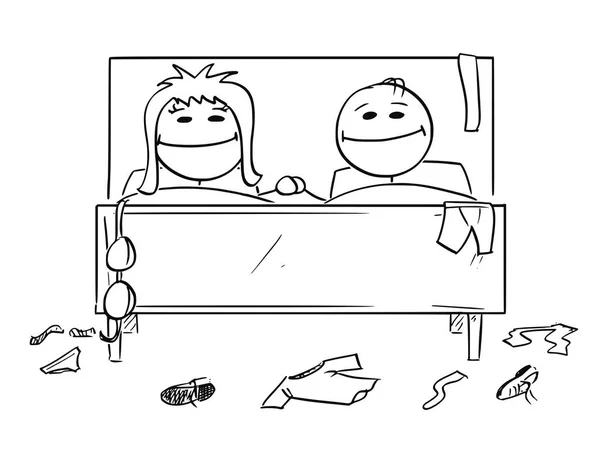 Cartoon šťastný pár v posteli, muž a žena jsou splněny po pohlavním styku — Stockový vektor