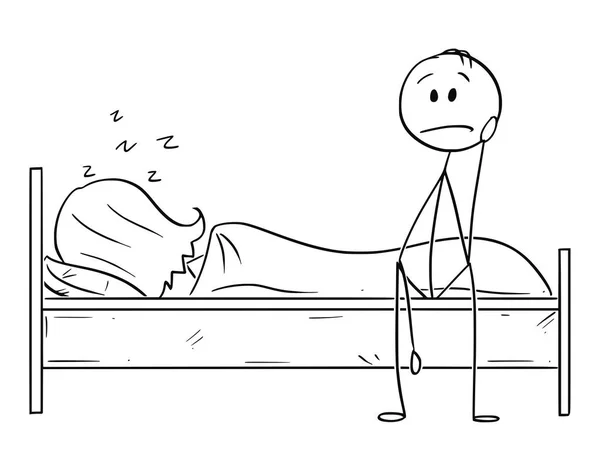 Γελοιογραφία της καταθλιπτικός άνθρωπος κάθεται στο κρεβάτι ενώ γυναίκα είναι ύπνου — Διανυσματικό Αρχείο