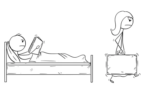 Dibujos animados de la mujer dejando el hogar y el marido con la maleta mientras el hombre está leyendo el libro en la cama — Vector de stock