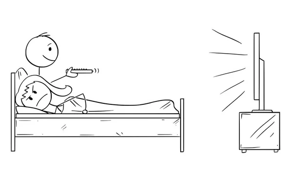 Desenhos animados de mulher infeliz tentando dormir enquanto o homem assistindo TV ou televisão — Vetor de Stock