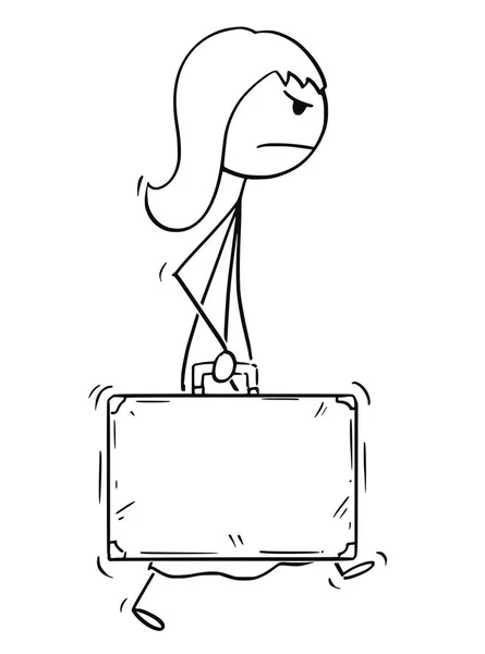 Cartone animato di donna arrabbiata o uomo d'affari che cammina con valigia — Vettoriale Stock