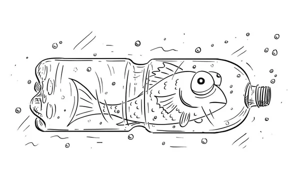 プラスチック製のボトルに閉じ込められた魚の漫画 — ストックベクタ