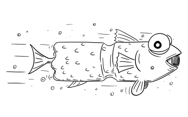 Cartone animato di pesce che ha mangiato bottiglia di plastica — Vettoriale Stock