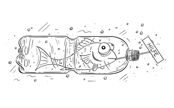 Caricatura de pescado atrapado en plástico botella celebración Hilfe signo — Vector de stock