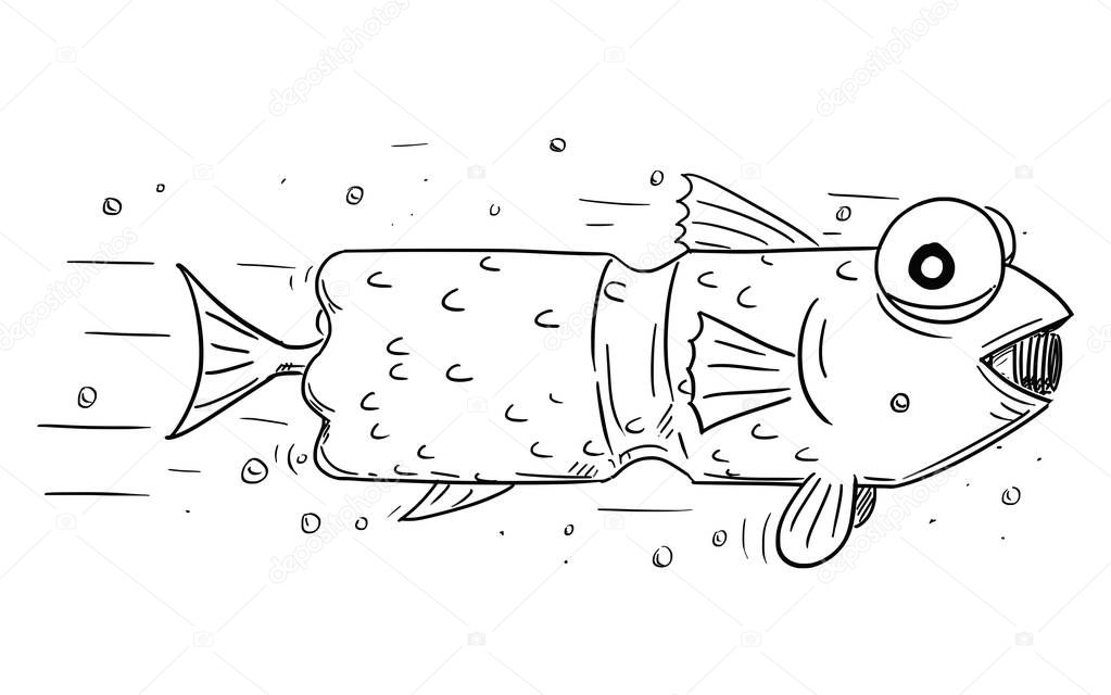 Cartoon of Fish Which Ate Plastic Bottle