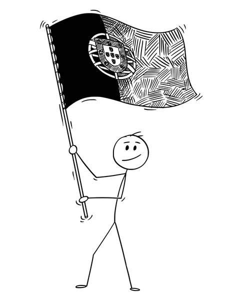 Kreskówka mężczyzna macha Flaga Republiki Portugalskiej lub Portugalii — Wektor stockowy