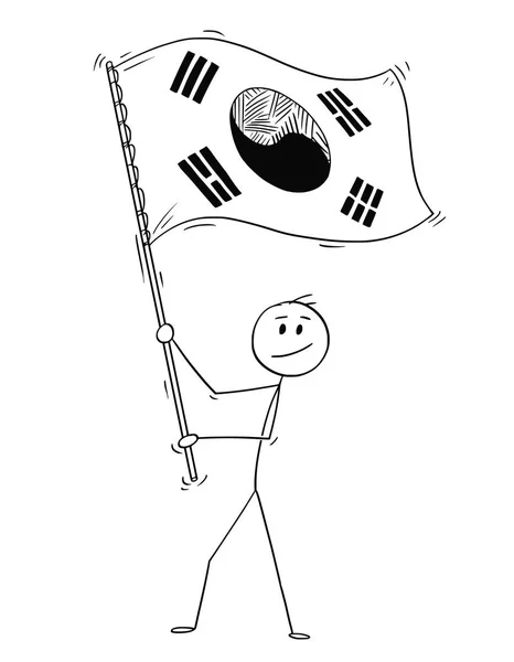 Desenhos animados de homem acenando com a bandeira da República da Coreia ou da Coreia do Sul — Vetor de Stock