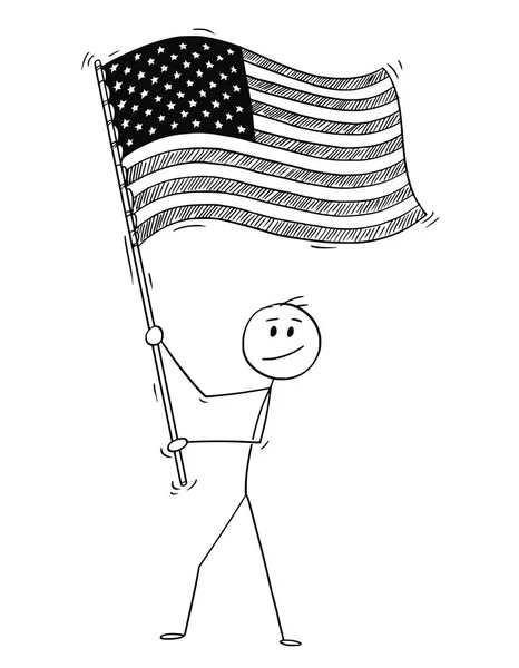アメリカ合衆国または米国の旗を振る男の漫画 — ストックベクタ