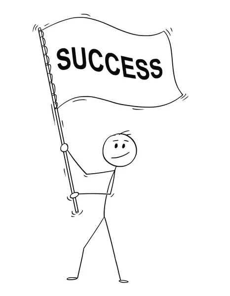 成功テキストと大きな旗を保持している実業家の漫画 — ストックベクタ