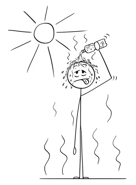 Dibujos animados del hombre en verano caliente vertiendo agua de la botella en su cabeza — Vector de stock