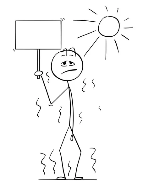 Karikatura člověka stojícího v horkých letních veder prázdný znakem v ruce — Stockový vektor