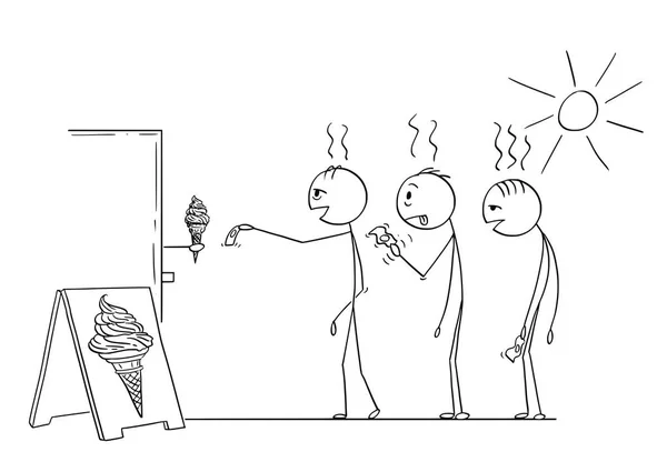 コーンにアイスクリームを購入するキューの暑い夏で待ってる 3 つの疲れの男性の漫画 — ストックベクタ