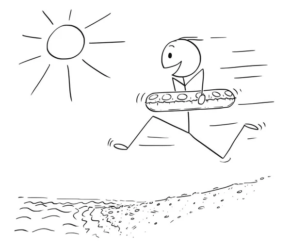 Cartoon of Happy Man with Swimming Ring Running on Beach in to Water — стоковый вектор