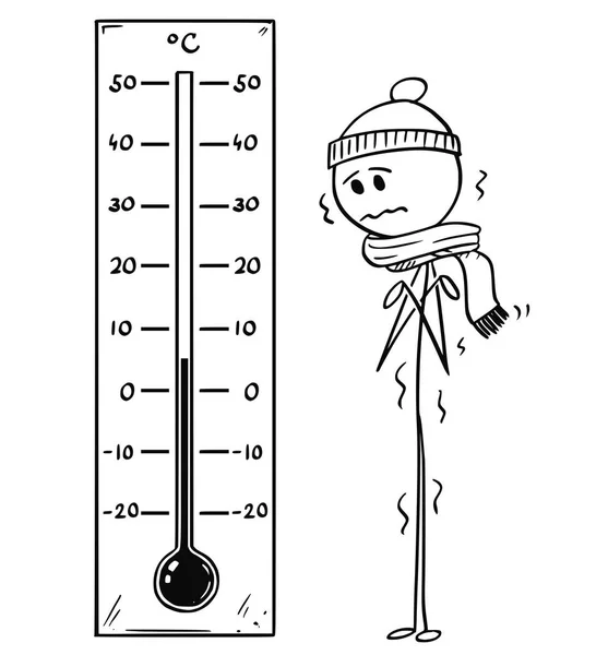 Cartoon van gekoeld Man kijken naar grote Celsius Thermometer met lage temperatuur — Stockvector