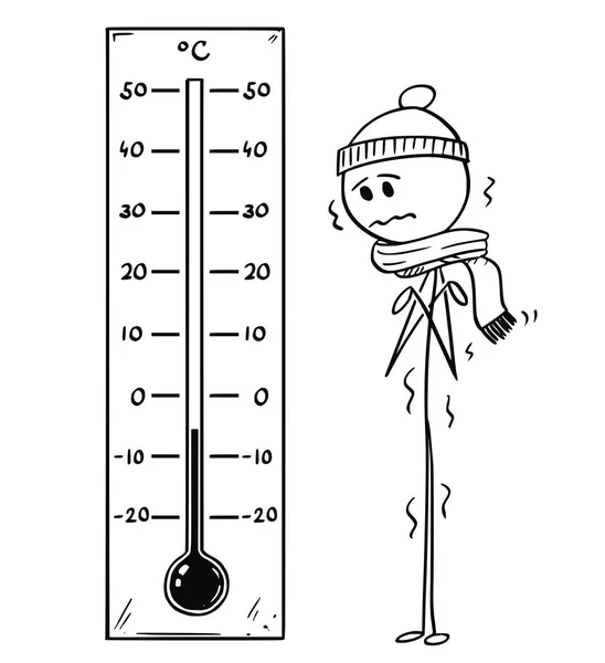 Γελοιογραφία του διατηρημένα με απλή ψύξη άνθρωπος εξετάζοντας μεγάλο Κελσίου θερμόμετρο δείχνει χαμηλή θερμοκρασία — Διανυσματικό Αρχείο