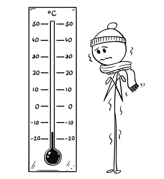 Dibujos animados del hombre frío mirando el termómetro de Big Celsius que muestra baja temperatura — Vector de stock