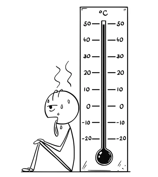 Dibujos animados de hombre sobrecalentado o agotado y termómetro Celsius que muestra clima o calor extremadamente caliente — Archivo Imágenes Vectoriales