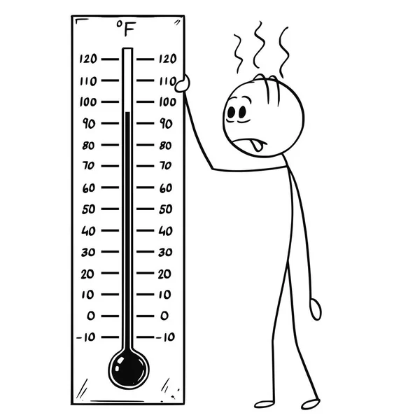 Caricatura del hombre que sostiene el termómetro de Fahrenheit que muestra el tiempo caliente o el calor — Archivo Imágenes Vectoriales