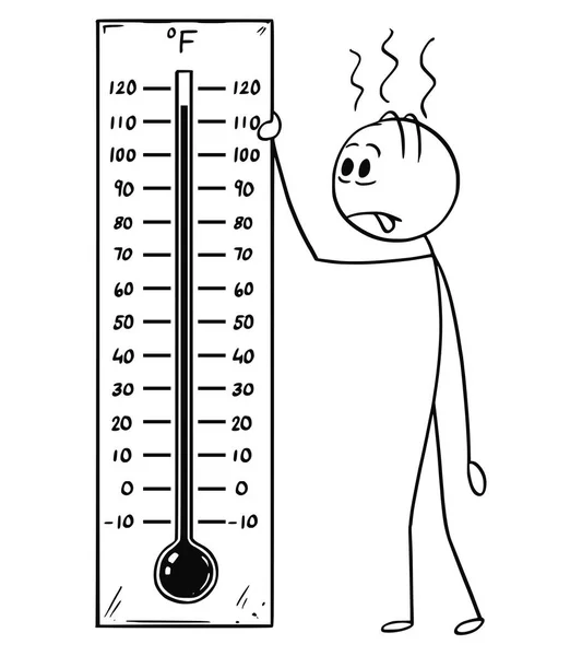 Caricatura del hombre que sostiene el termómetro de Fahrenheit que muestra el tiempo caliente o el calor — Vector de stock