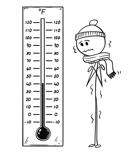 Cartoon van gekoeld Man kijken naar grote Fahrenheit Thermometer met lage temperatuur — Stockvector
