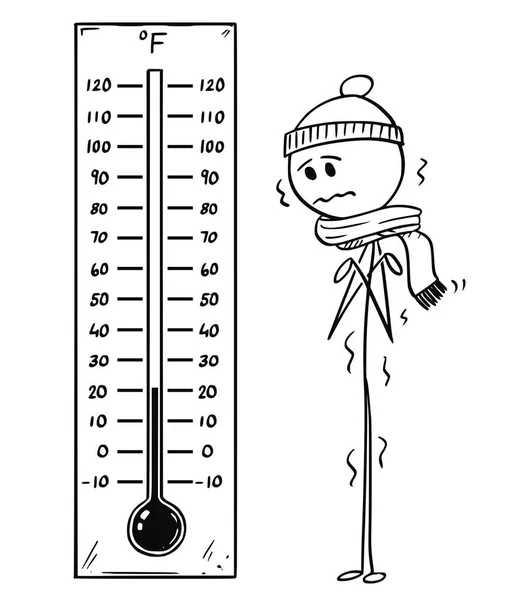 Cartoon van gekoeld Man kijken naar grote Fahrenheit Thermometer met lage temperatuur — Stockvector