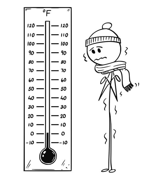Cartoon of Chilled Man Looking at Big Fahrenheit Thermometer Showing Low Temperature