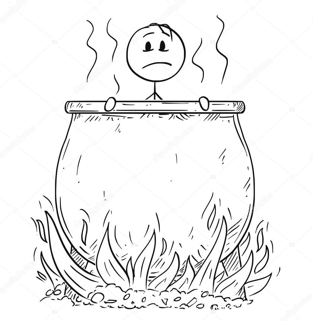 Cartoon of Man or Businessman, who is Boiling in Cauldron in Hell for His Sins